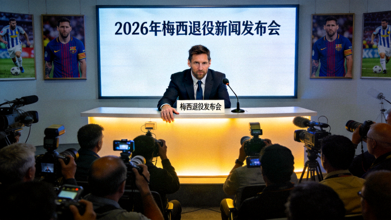 著名足球运动员梅西在2026年宣布退役新闻发布会现场
